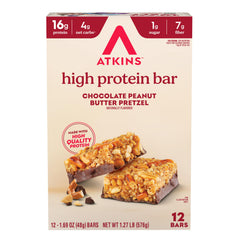 Atkins empaque frontal Chocolate Peanut Butter Pretzel, conveniencia y proteína