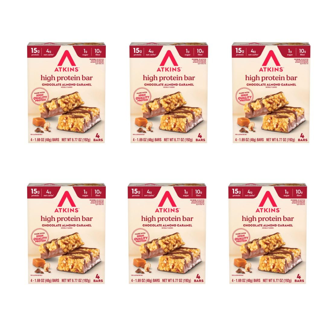 Atkins frontal embalaje mostrando paquete de 24 barras y conveniencia