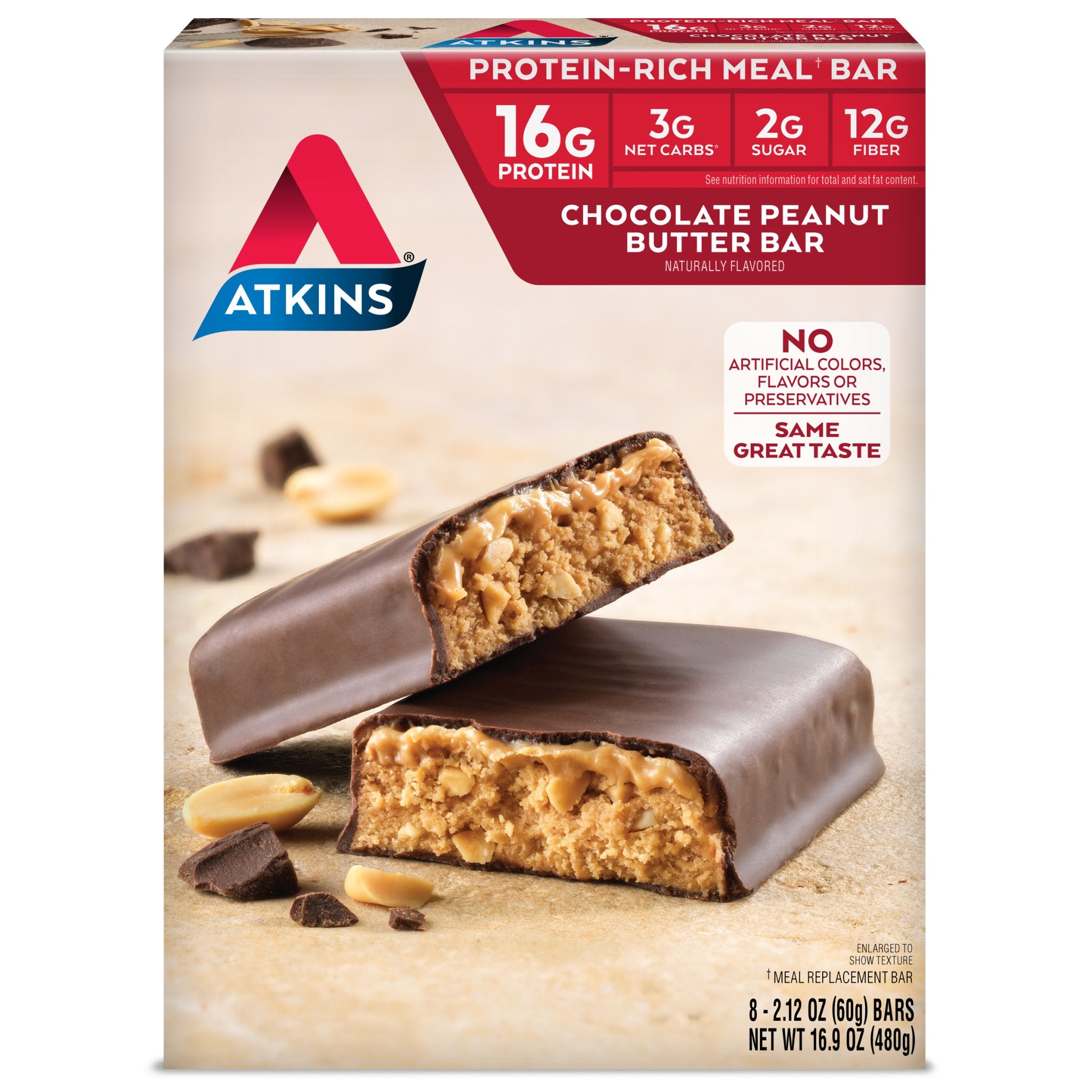 Atkins empaque frontal de barras chocolate cacahuate mostrando caja de 8 unidades y conveniencia