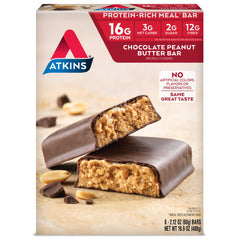 Atkins empaque frontal de barras chocolate cacahuate mostrando caja de 8 unidades y conveniencia