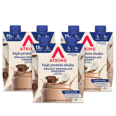 Atkins empaque frontal cremoso chocolate coco mostrando marca y beneficios