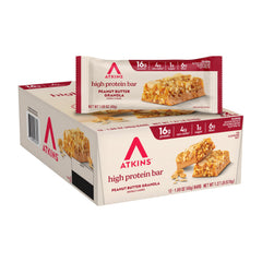 Atkins frontal packaging mostrando caja de 12 barras y conveniencia inmediata