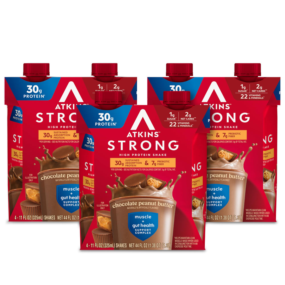 Atkins paquete frontal mostrando sabor chocolate mantequilla de cacahuete y conveniencia