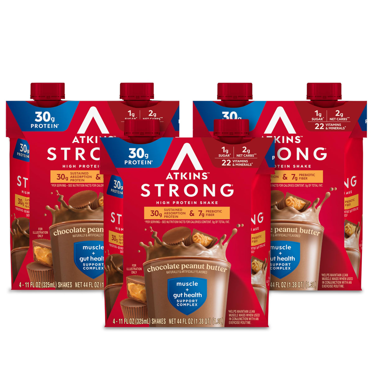 Atkins paquete frontal mostrando sabor chocolate mantequilla de cacahuete y conveniencia