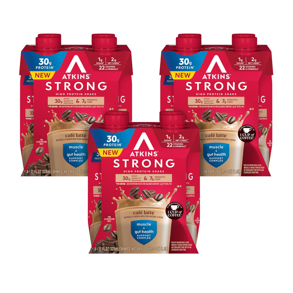 Atkins botella frontal café latte mostrando etiqueta y beneficio proteico