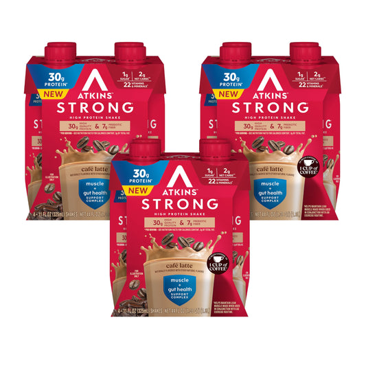 Atkins botella frontal café latte mostrando etiqueta y beneficio proteico