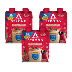 Atkins botella frontal café latte mostrando etiqueta y beneficio proteico