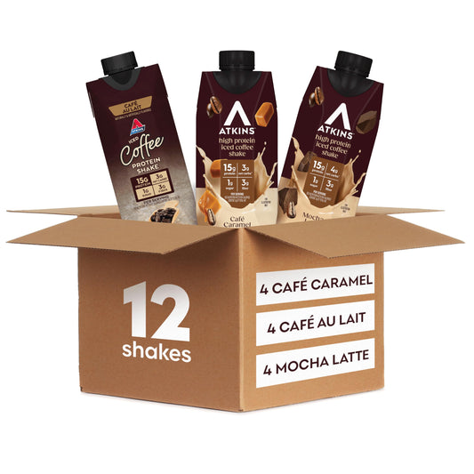 Atkins pack frontal mostrando 12 batidos y beneficio de proteína