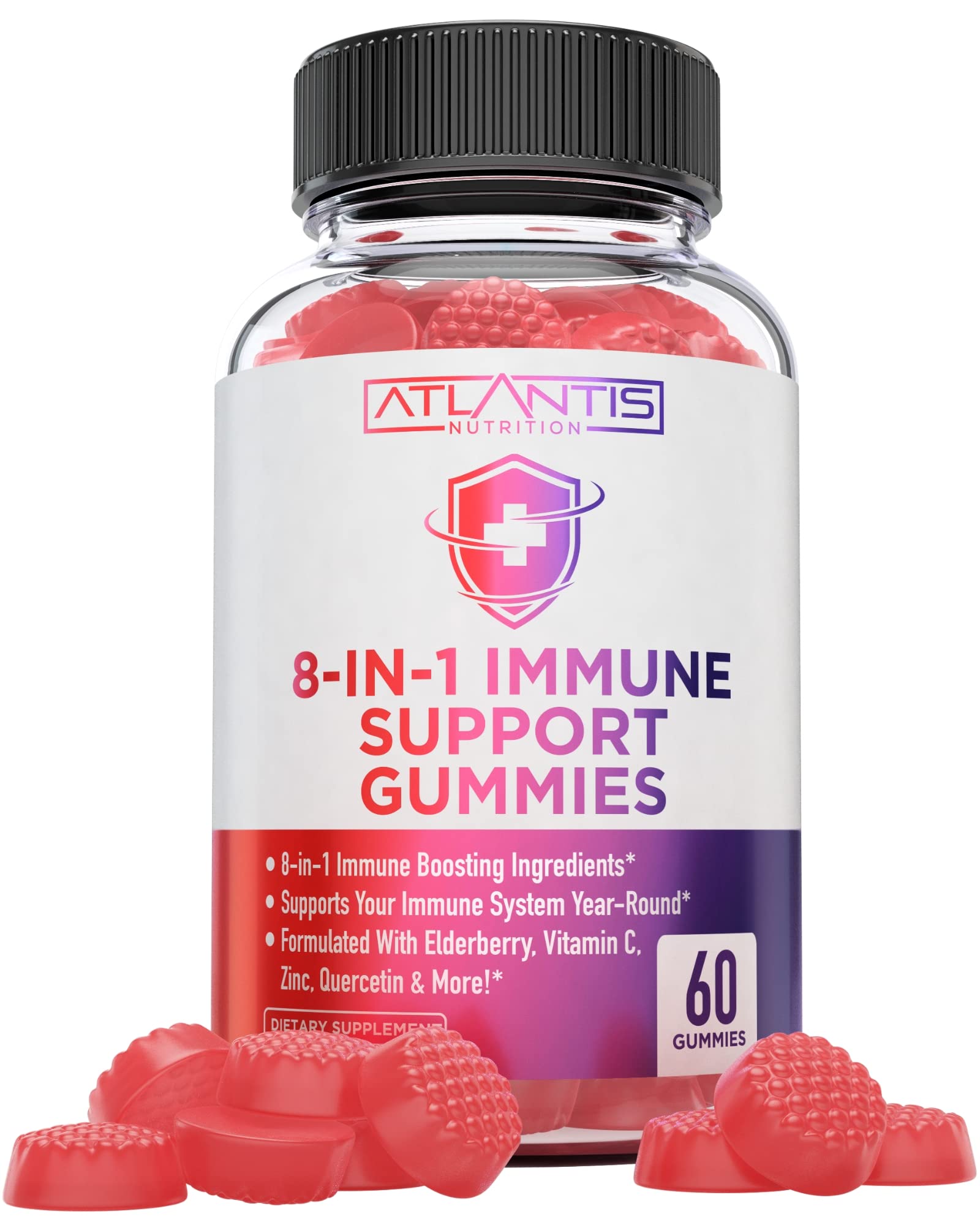 Atlantis Nutrition envase frontal mostrando 60 gomitas y beneficios visibles