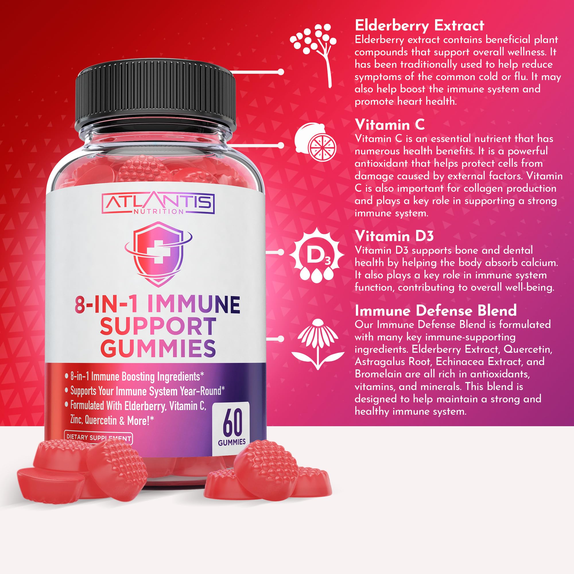 Atlantis Nutrition gomita en primer plano, textura masticable y sabor a baya