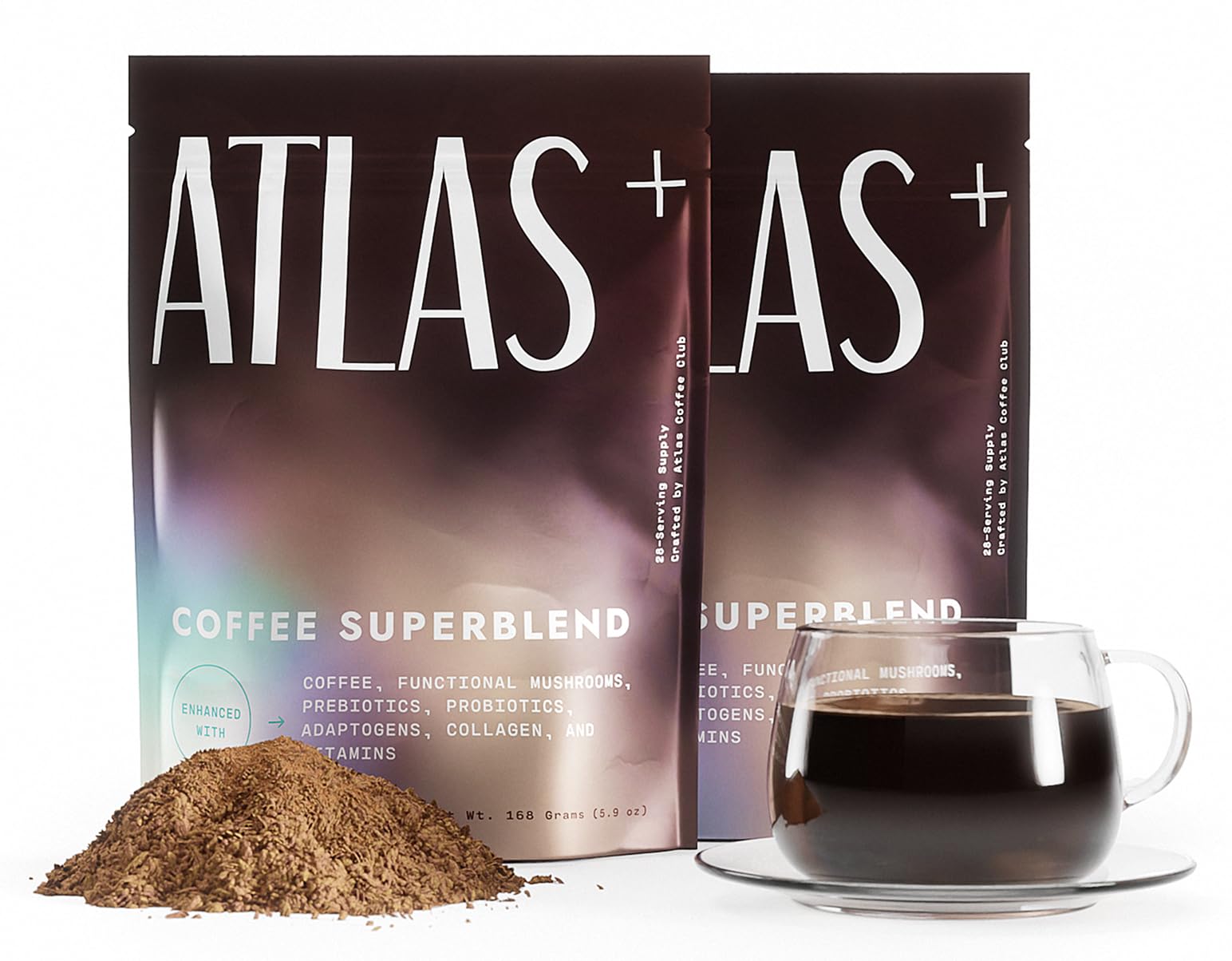 Atlas Coffee Club paquete frontal mostrando diseño y número de 56 servicios, práctico para viajes