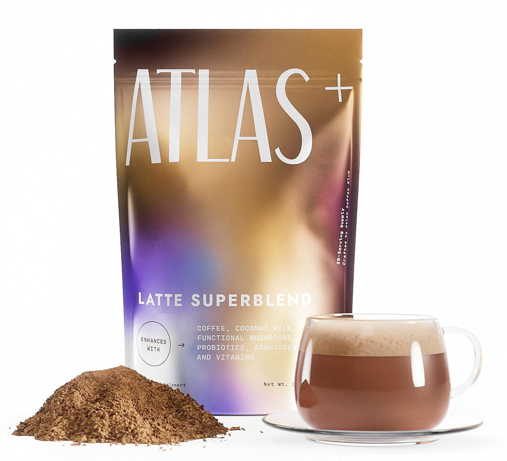 Atlas Coffee Club frente del empaque mostrando el formato de 20 servicios y beneficios
