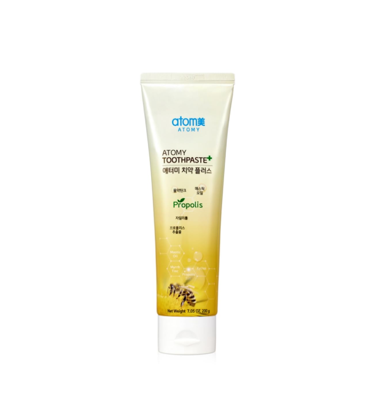 Atomy Toothpaste Propolis frente del tubo mostrando el envase y beneficio de uso prolongado