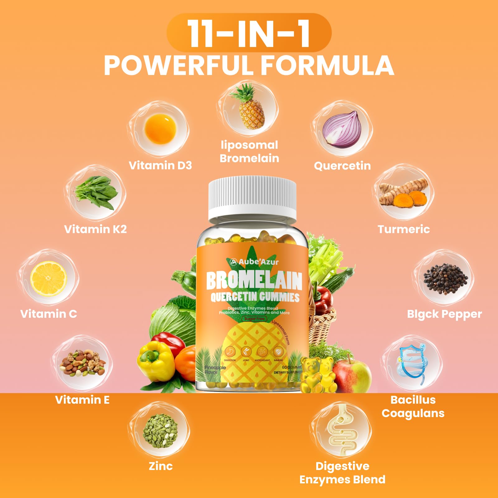 Aube'Azur frascos con bromelina y quercetina destacando apoyo digestivo