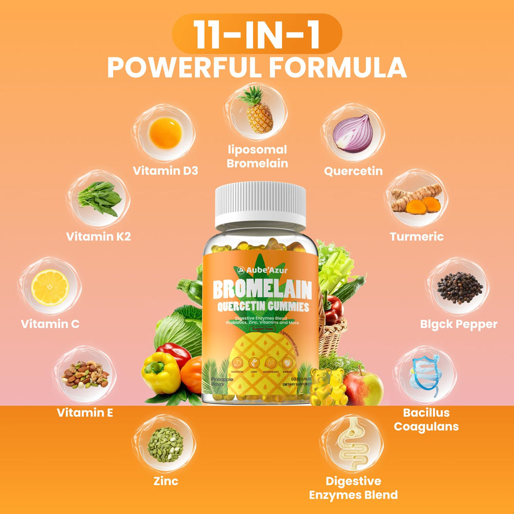 Aube'Azur frascos con bromelina y quercetina destacando apoyo digestivo