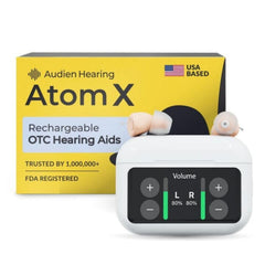 Audien Atom X estuche táctil frontal mostrando modos y batería, facilita control inmediato