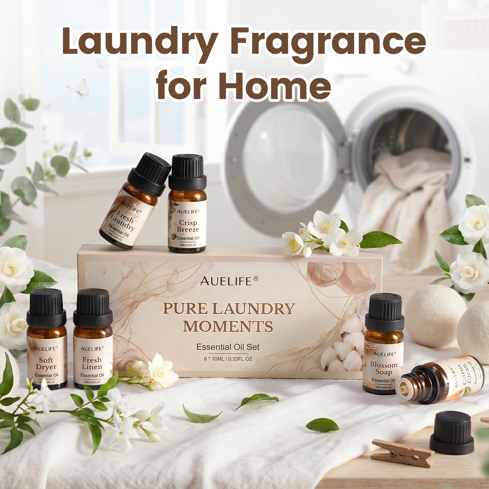 Auelife escena de lavandería con pelotas y aroma, ambiente hogareño y fresco