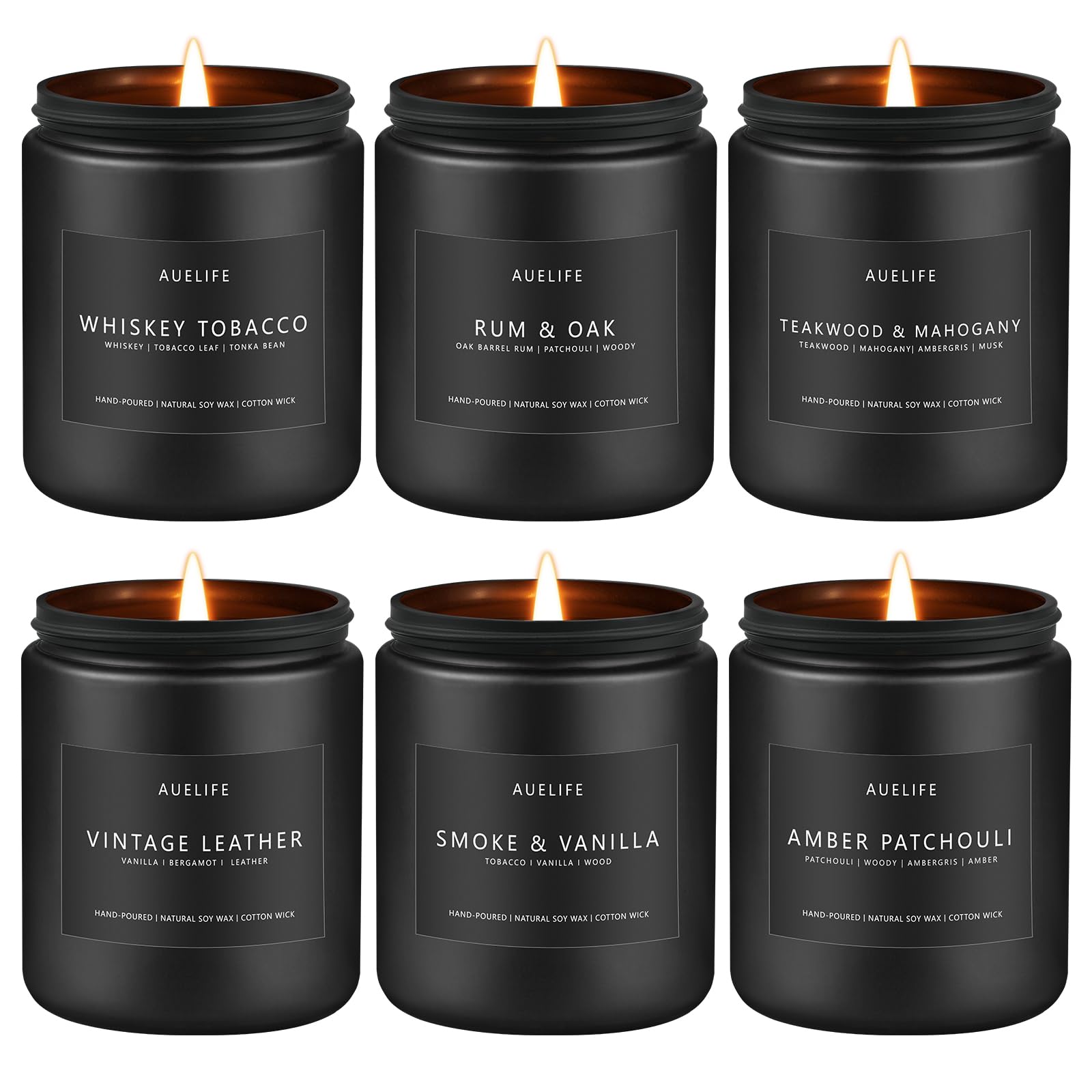 Auelife pack frontal de seis velas masculinas mostrando variedad aromática y presentación elegante