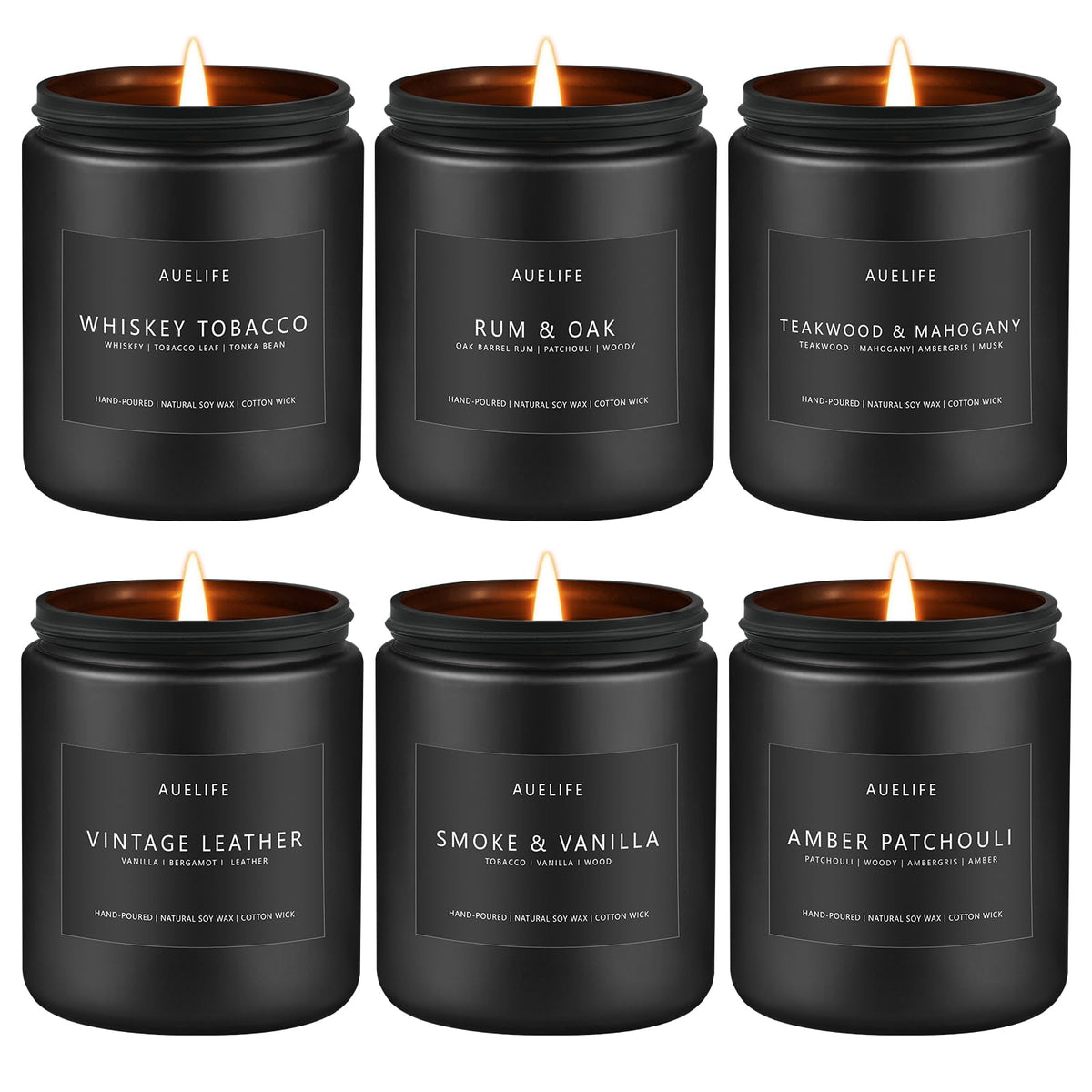 Auelife pack frontal de seis velas masculinas mostrando variedad aromática y presentación elegante