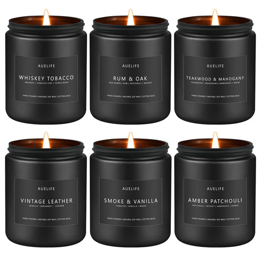 Auelife pack frontal de seis velas masculinas mostrando variedad aromática y presentación elegante