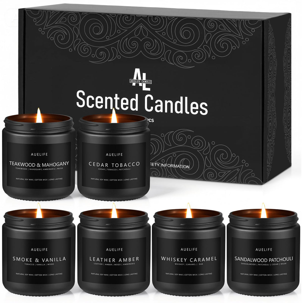 Auelife pack seis velas en tarros negros, presentación elegante para regalar