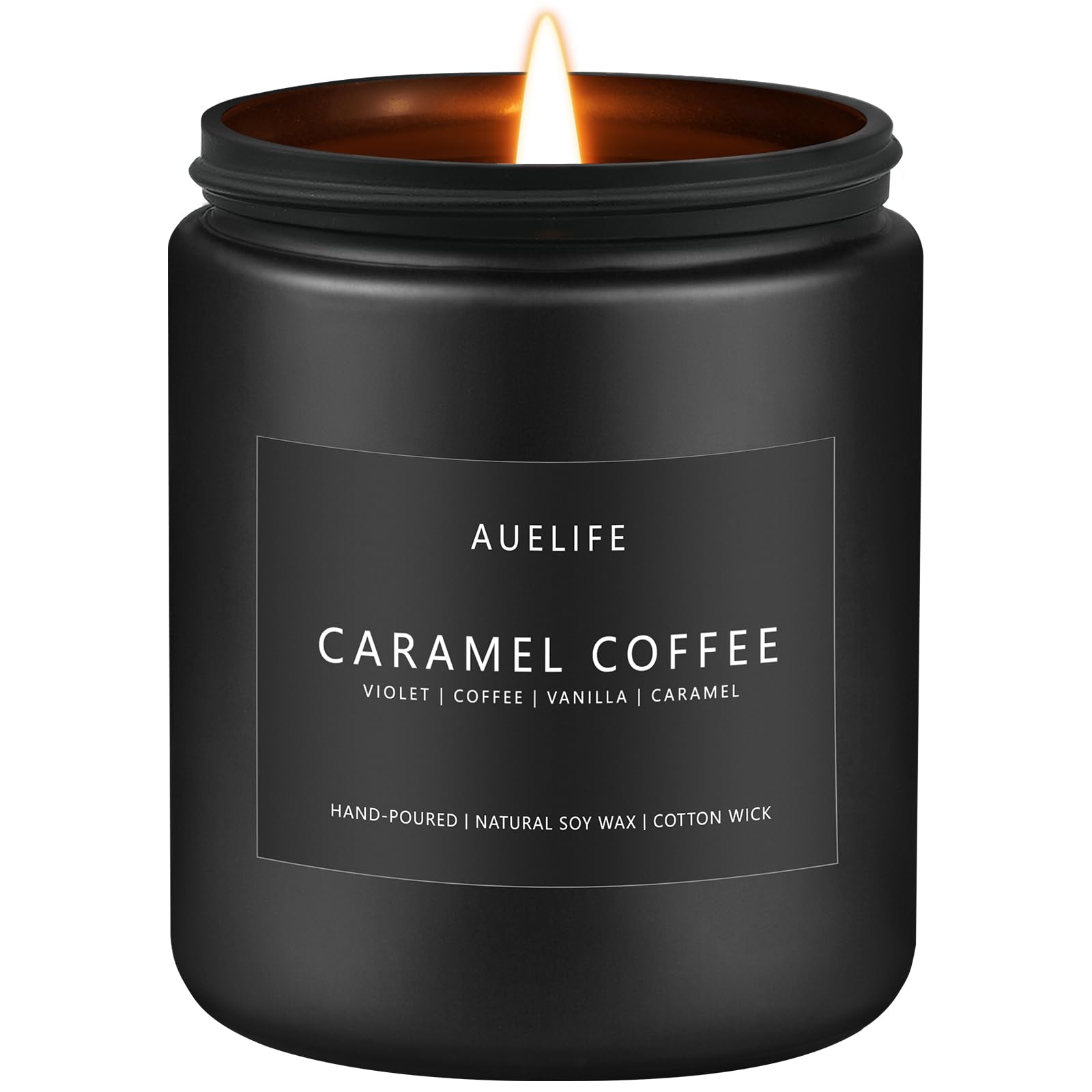 Vela Auelife Caramel Coffee frontal en envase minimalista, elegante y lista para decorar