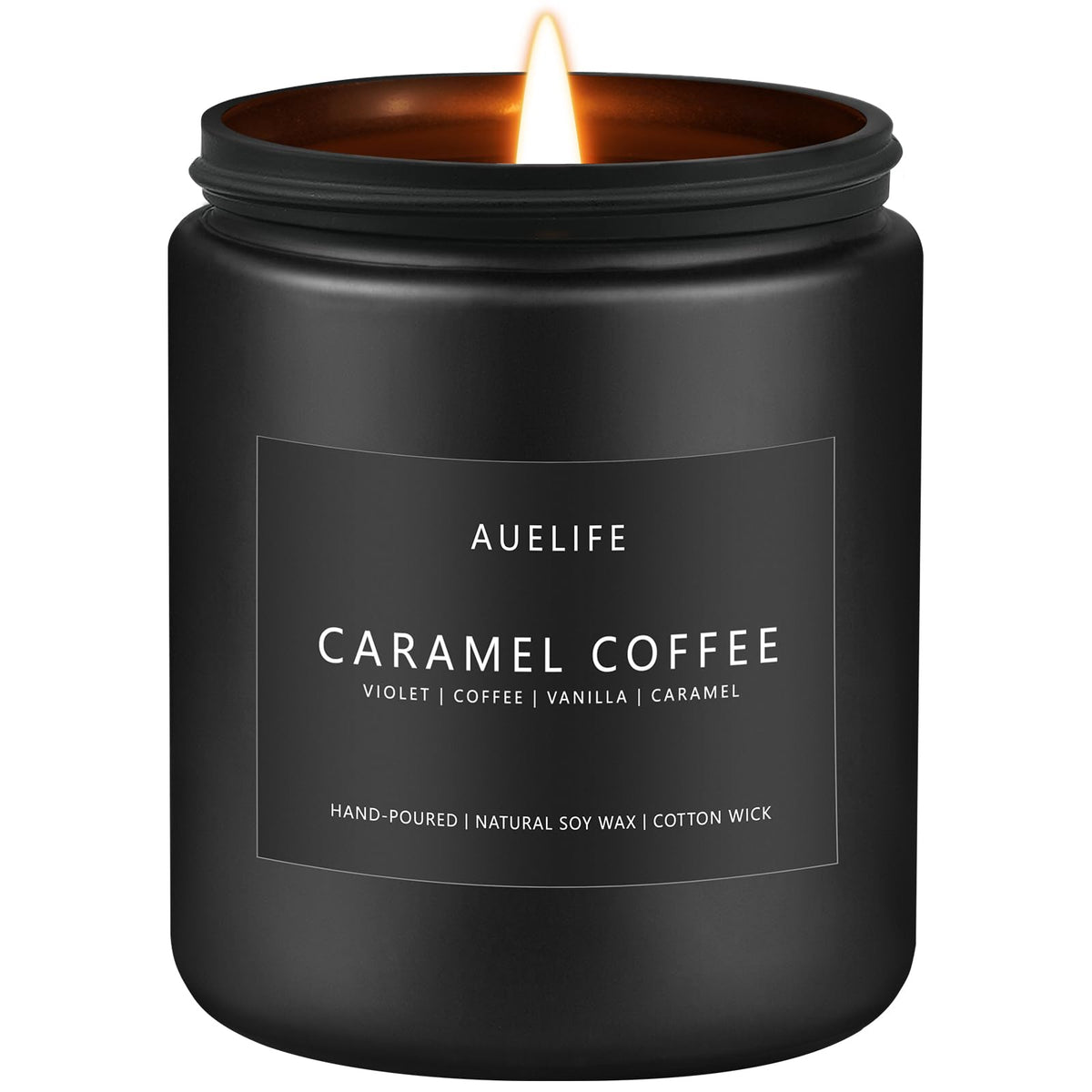 Vela Auelife Caramel Coffee frontal en envase minimalista, elegante y lista para decorar