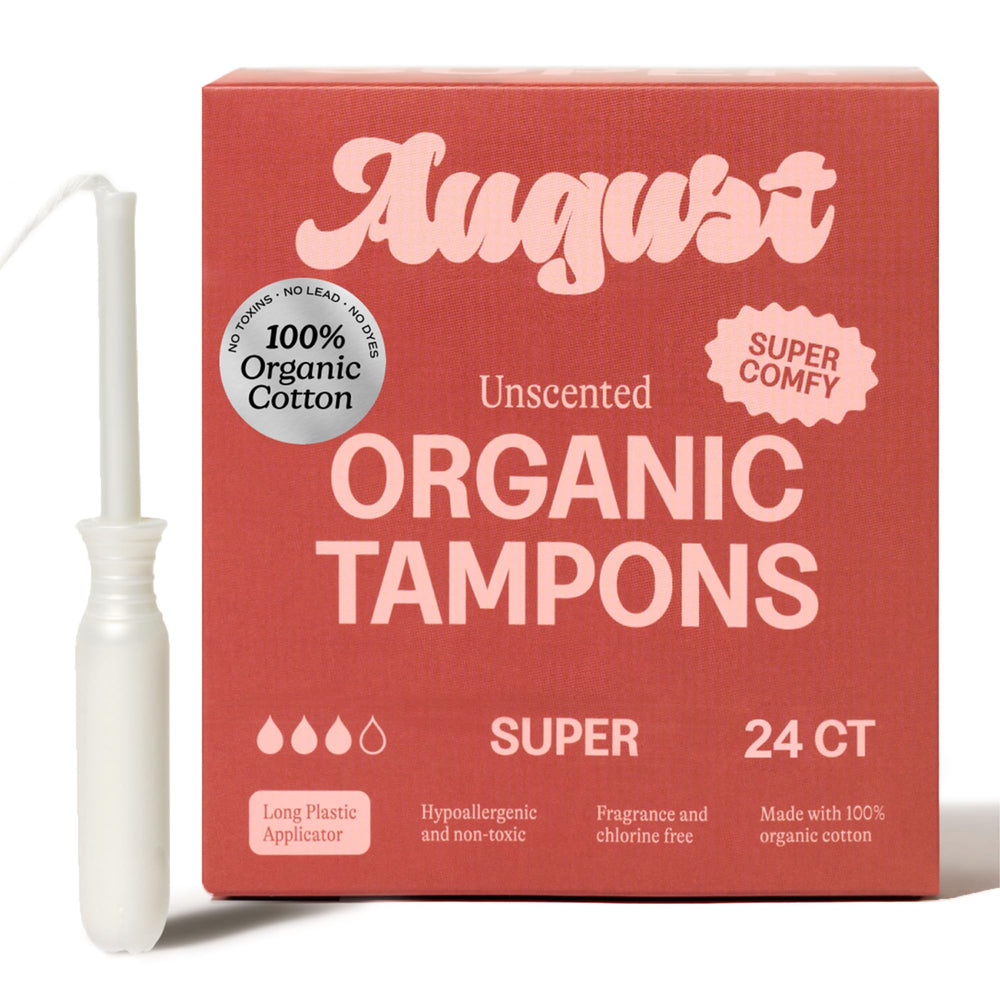 August empaque frontal mostrando 24 tampones y beneficios naturales