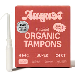 August empaque frontal mostrando 24 tampones y beneficios naturales