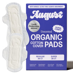 August paquete frontal mostrando 72 unidades y variedad Regular y Super, protección confiable