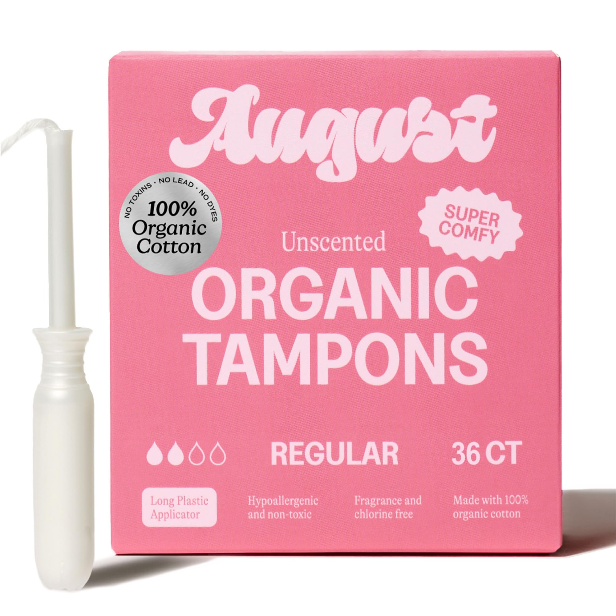 August pack frontal mostrando 36 tampones orgánicos, comodidad diaria