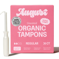 August pack frontal mostrando 36 tampones orgánicos, comodidad diaria