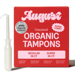 August pack frontal mostrando 72 tampones y beneficio de variedad