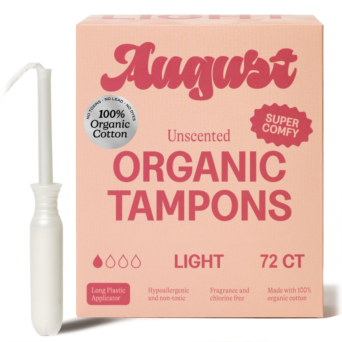 August paquete frontal mostrando 72 tampones y beneficios de algodón orgánico