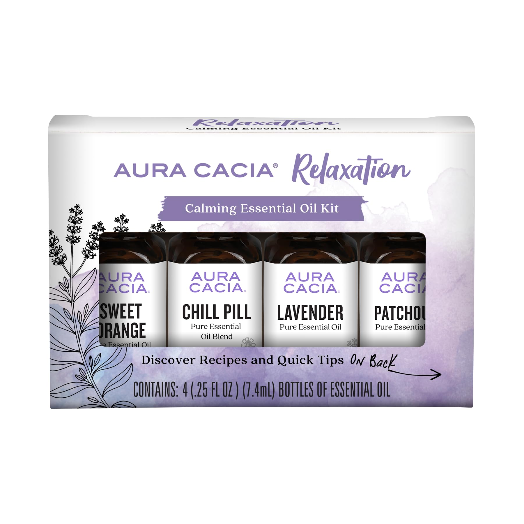 Aura Cacia frascos delanteros del kit relajación mostrando variedad aromática y conveniencia