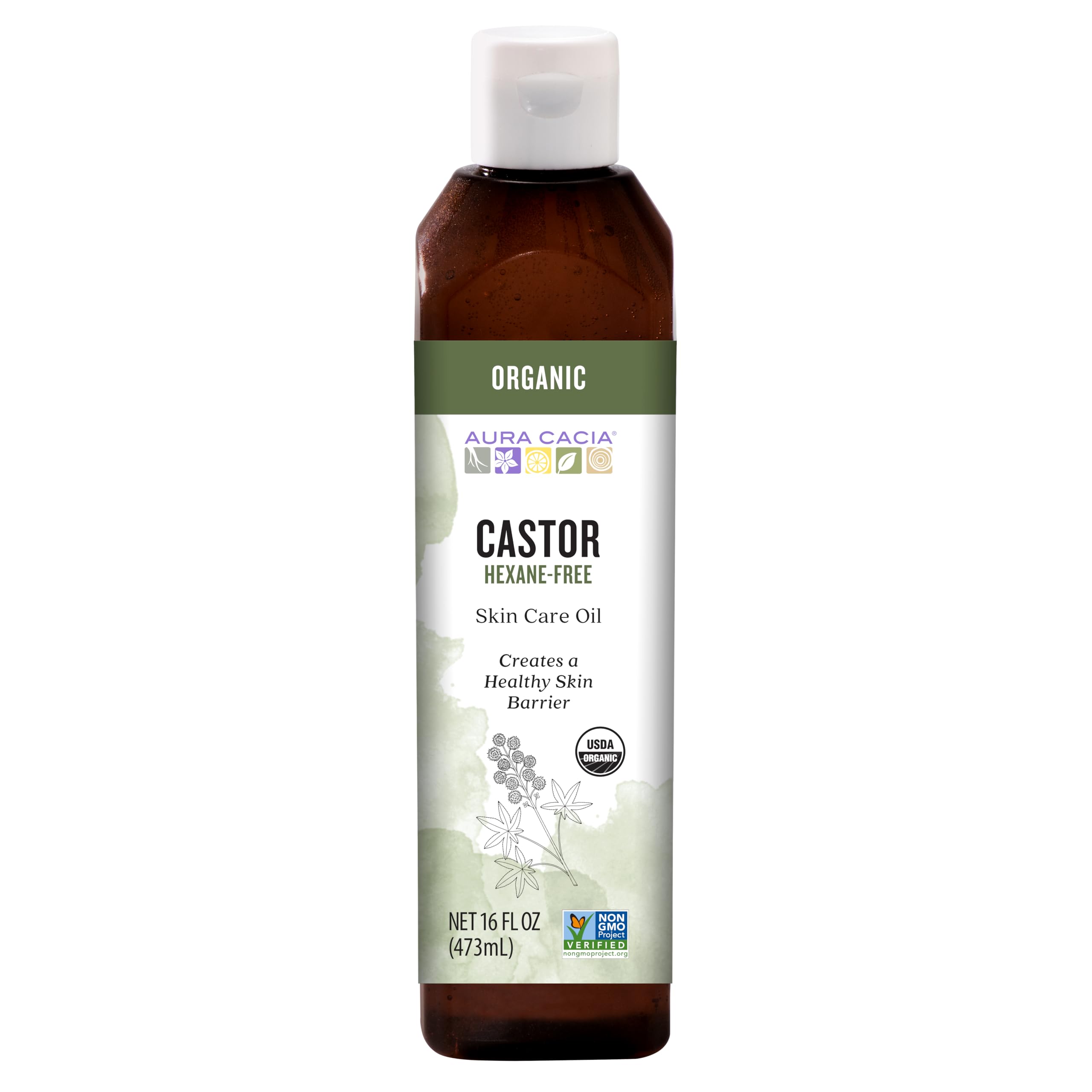 Aura Cacia frasco frontal 16 fl. oz. que muestra pureza y envase