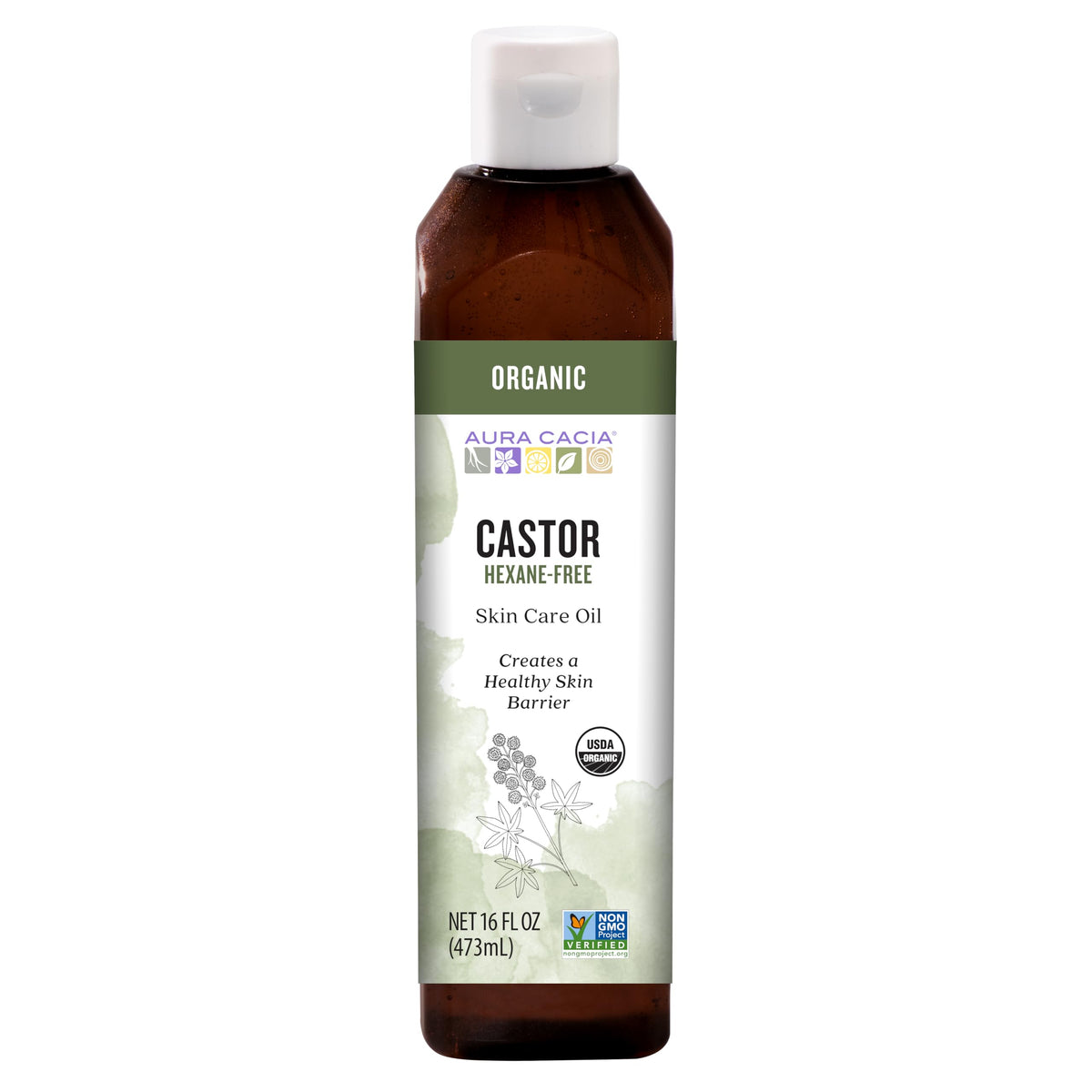 Aura Cacia frasco frontal 16 fl. oz. que muestra pureza y envase