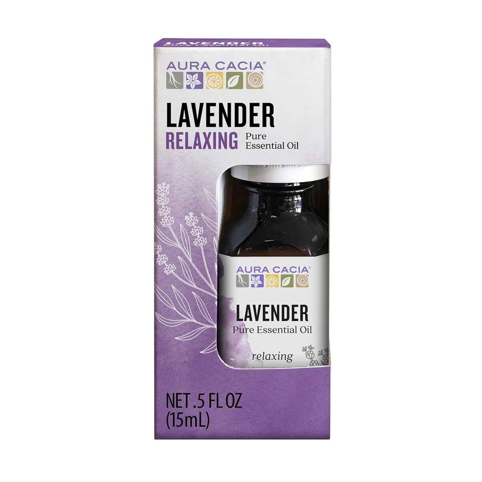 Aura Cacia botella frente mostrando presentación 0.5 fl oz y aroma calmante