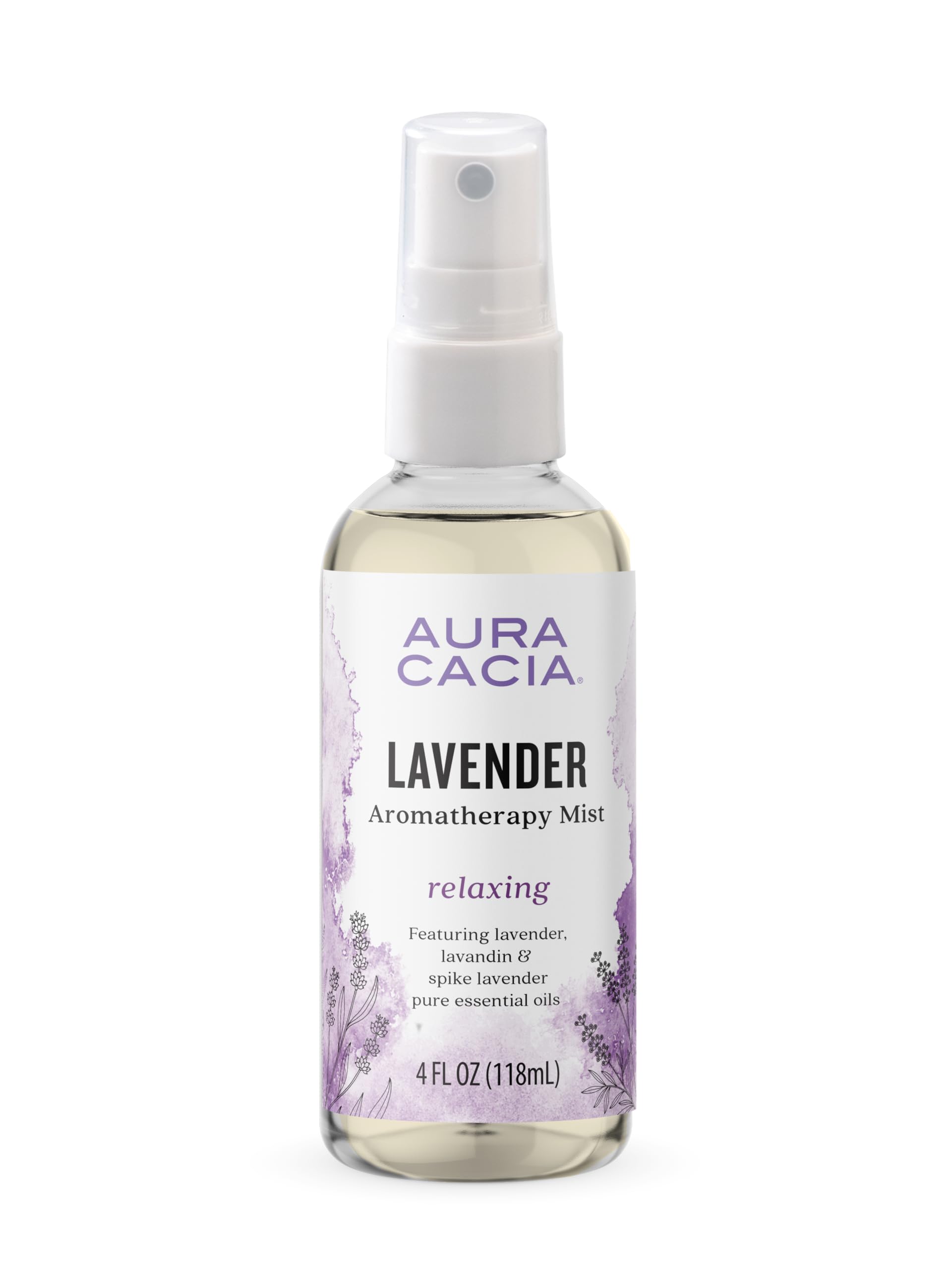 Aura Cacia frasco frontal mostrando diseño y tamaño práctico