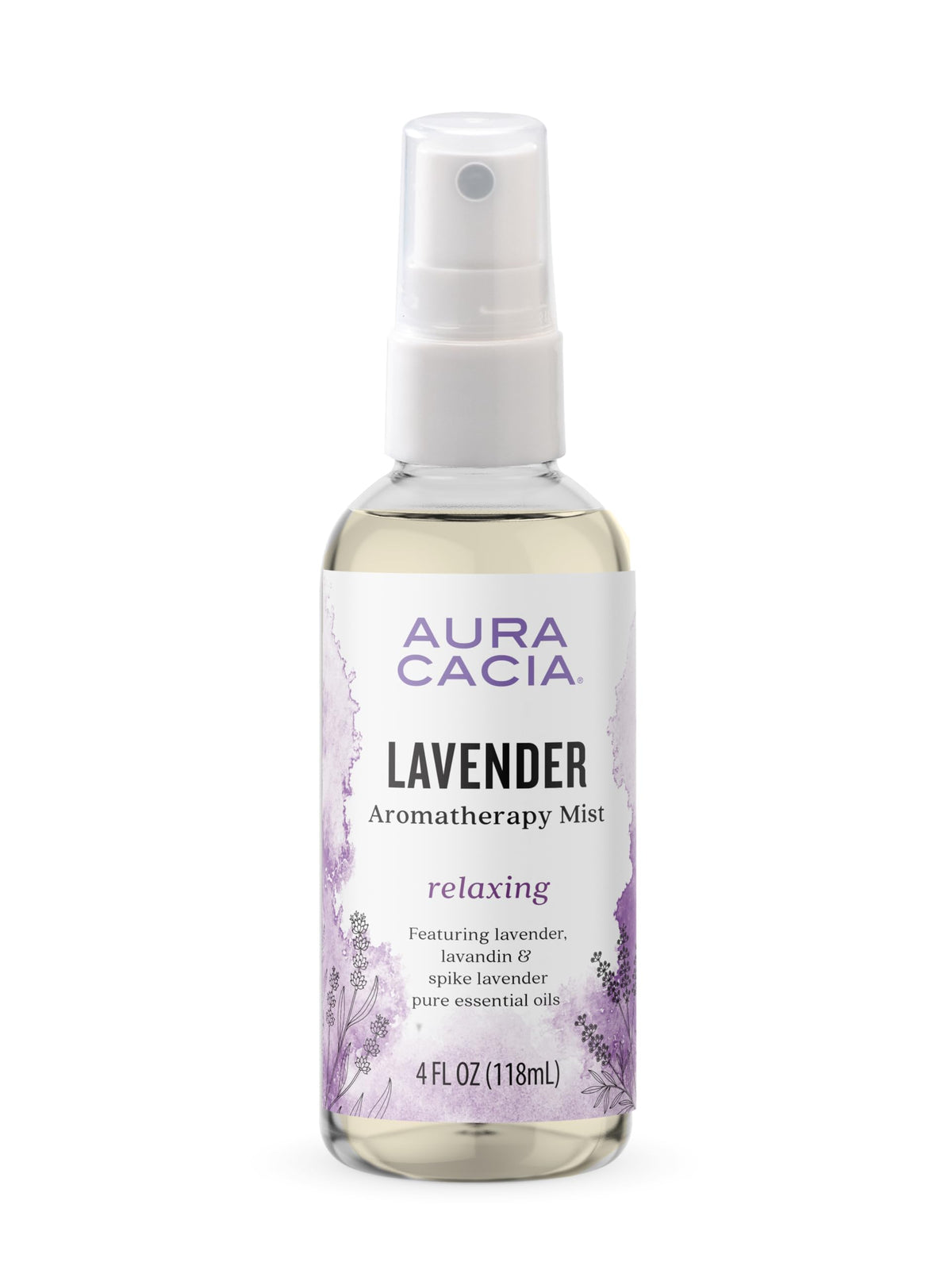 Aura Cacia frasco frontal mostrando diseño y tamaño práctico