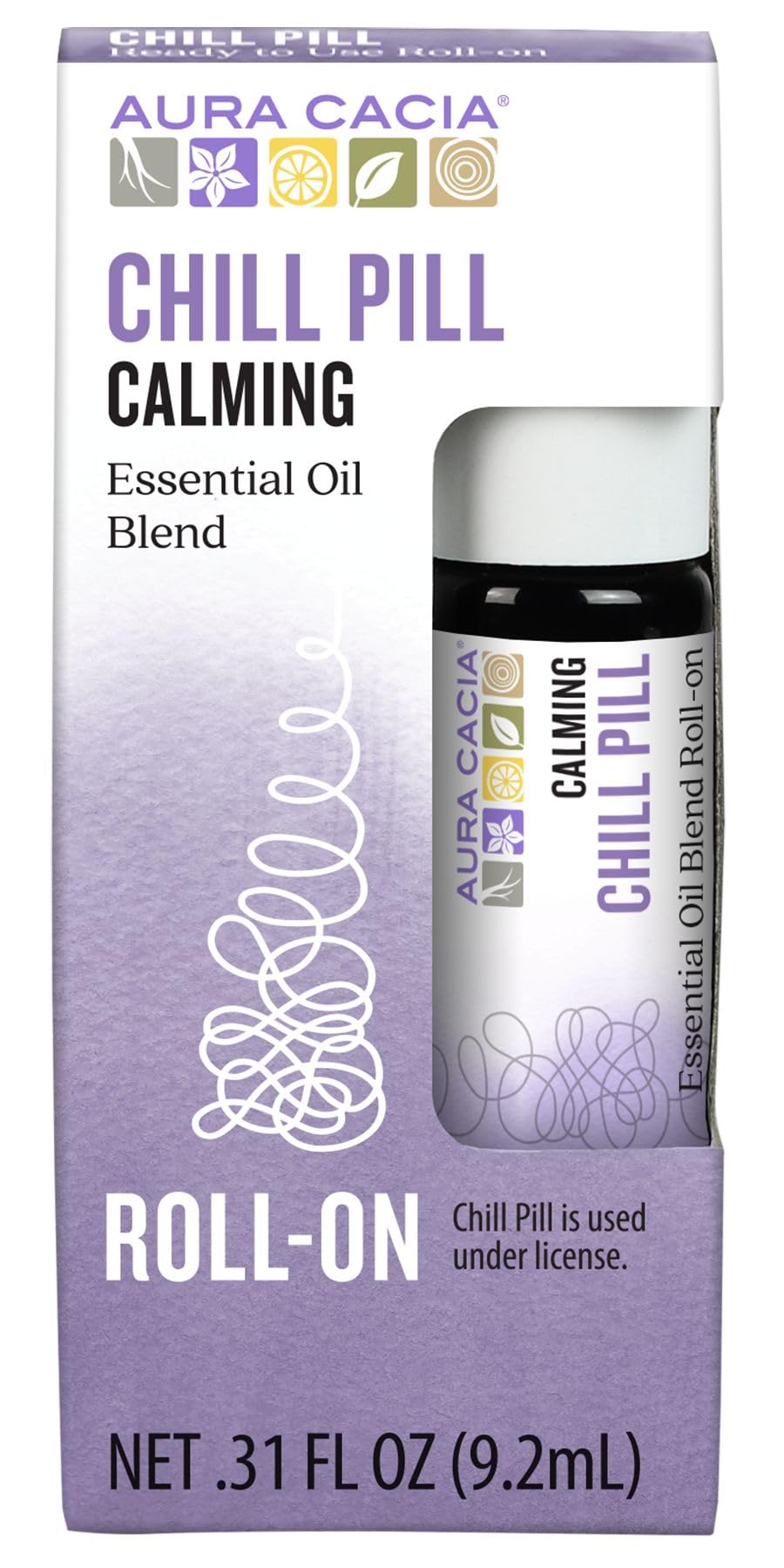 Aura Cacia frasco frontal pequeño mostrando aplicador roll-on y diseño claro