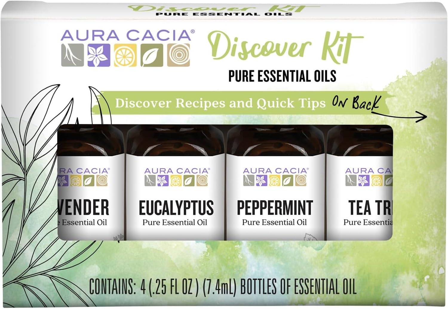 Aura Cacia kit frontal mostrando los cuatro frascos y caja, ideal para probar