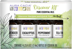 Aura Cacia kit frontal mostrando los cuatro frascos y caja, ideal para probar