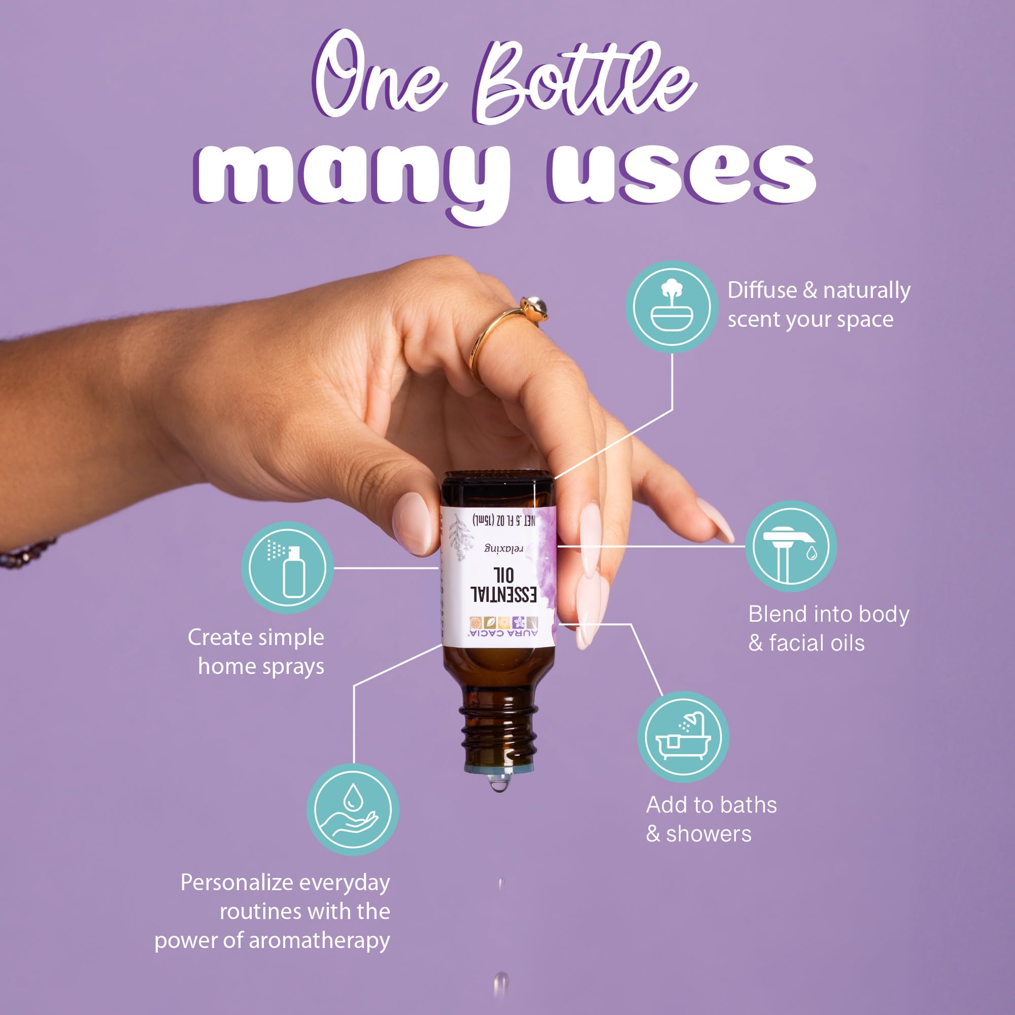 Aura Cacia gotas de aceite en cuentagotas sobre piel, permite ver textura