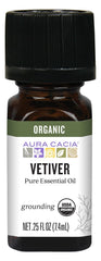 Aura Cacia frasco frontal de vetiver mostrando etiqueta clara y orgánico
