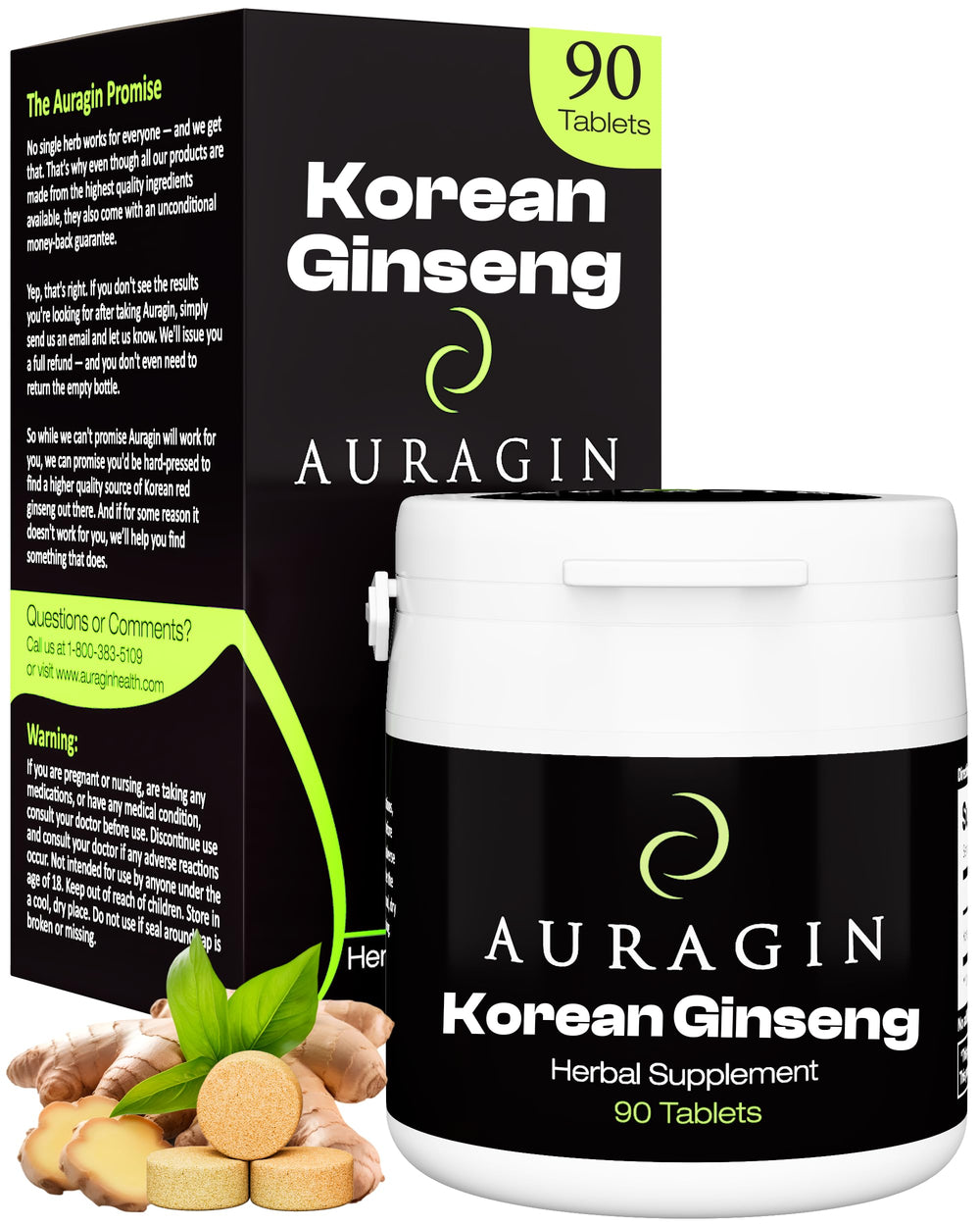 Auragin envase frontal mostrando certificación y origen Corea