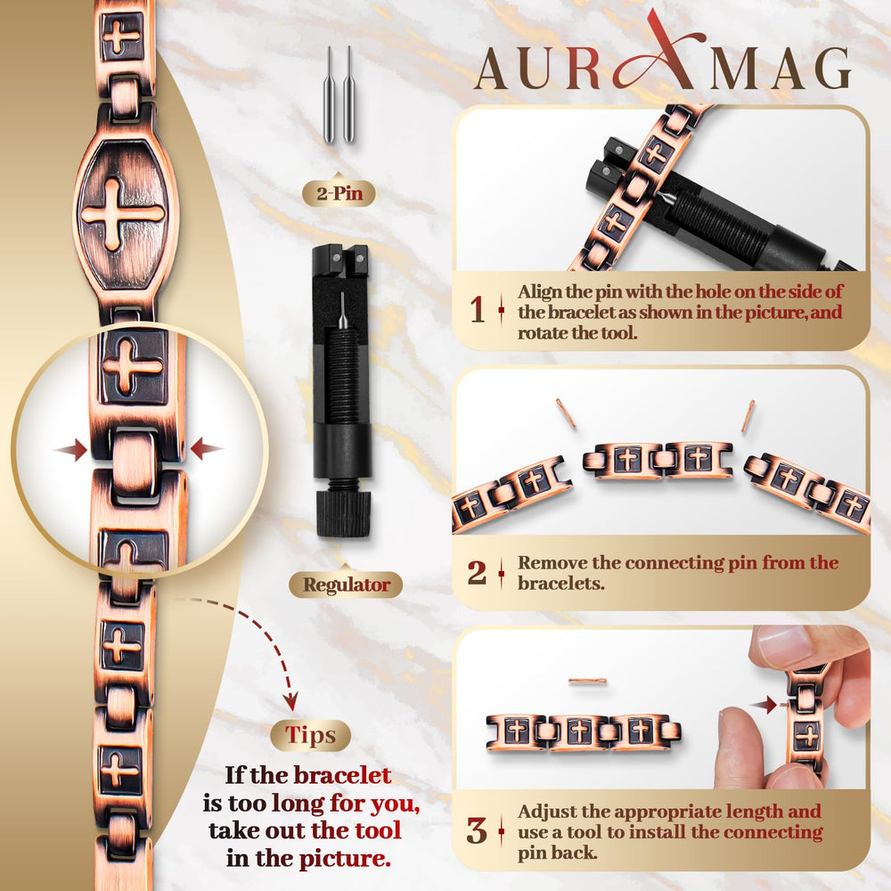 Auramag pulsera junto a regla mostrando dimensiones y ajuste