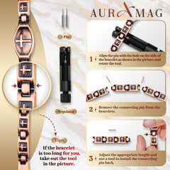 Auramag pulsera junto a regla mostrando dimensiones y ajuste