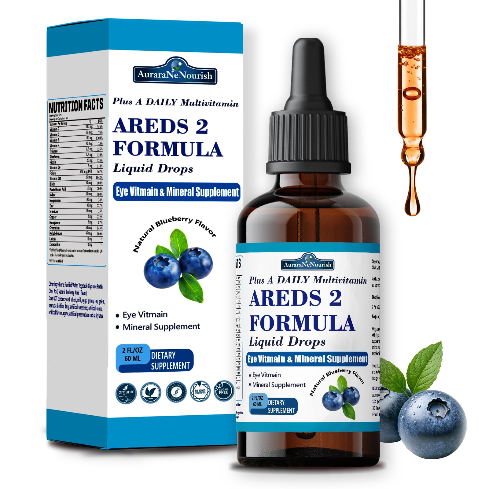 AuraraNeNourish envase frontal AREDS 2+ destacando fórmula 22 en 1 y beneficio visual