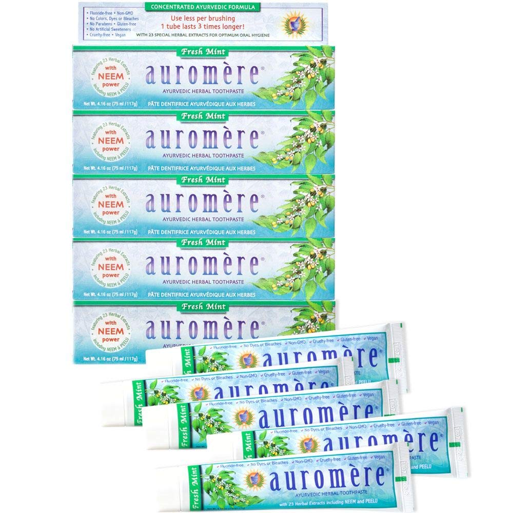 Auromere frente del empaque mostrando ingredientes ayurvédicos y beneficios